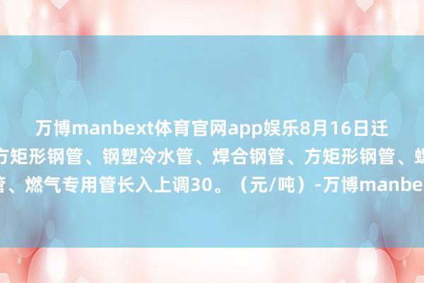 万博manbext体育官网app娱乐8月16日迁安刚直热镀锌圆管、热镀锌方矩形钢管、钢塑冷水管、焊合钢管、方矩形钢管、螺旋焊钢管、燃气专用管长入上调30。（元/吨）-万博manbext体育官网(中国)官方网站登录入口